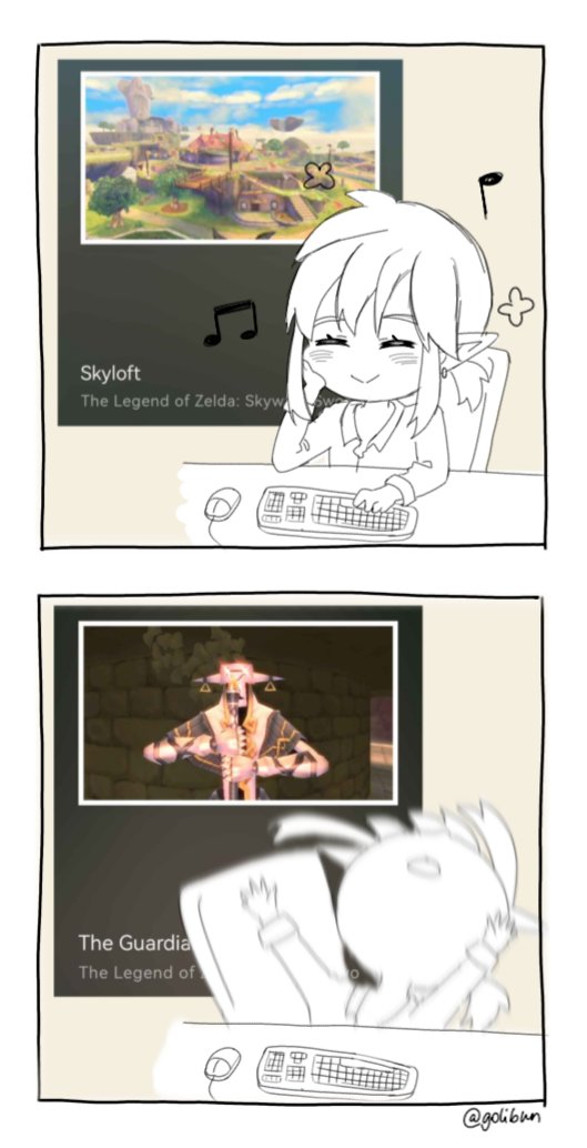 golibun's tweet photo. reliving trauma with nintendo music 🤗
#botw #sksw #rkgk https://t.co/3gn1MXHzv5