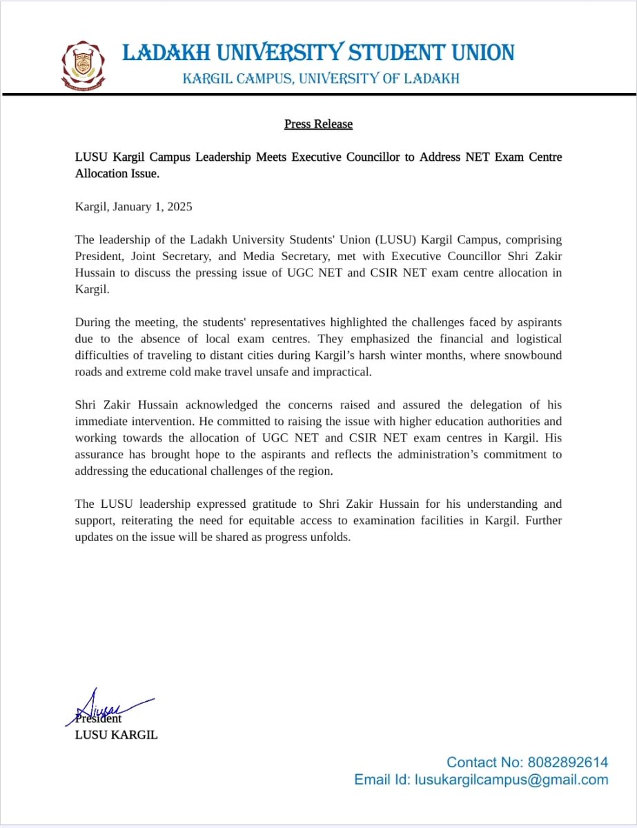 SyedKaz90213275's tweet photo. Requesting urgent attention to the issue of a NET/GRF aspirants,Due to harsh climate conditions aspirants in Kargil face significant difficulties in accessing centers in other cities.Kindly bring this matter to the concerned authorities for immediate resolution. @ZakirHussain078 https://t.co/4hb9DaDpwa