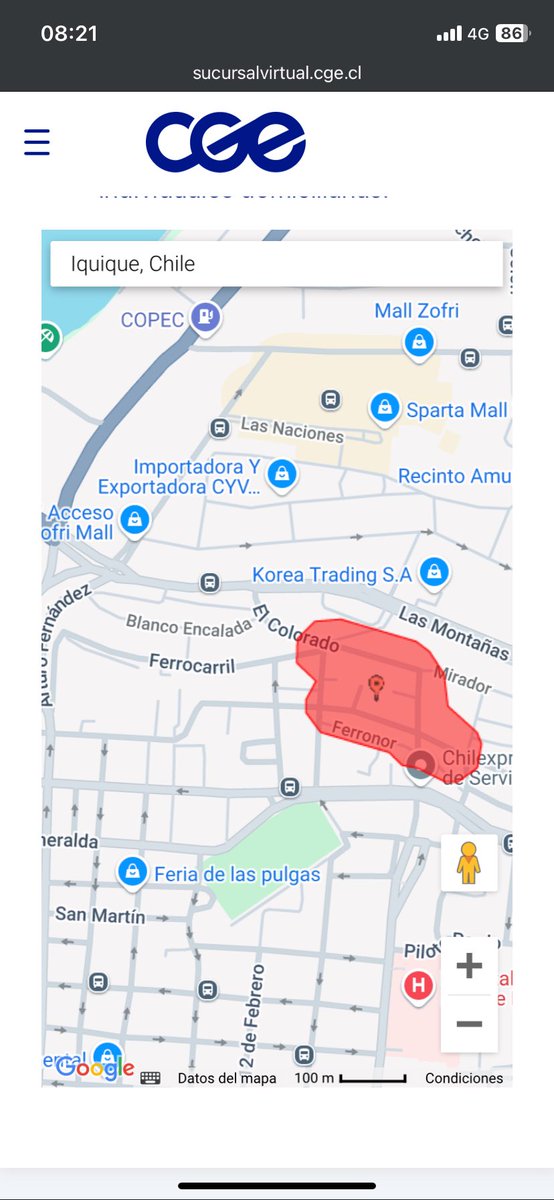 hipilislumpilis's tweet photo. iquique sector Blanco Encalada con Amunategui sin energía eléctrica 
@CGE_Clientes alguien sabe algo 
Según mapa hay corte pero no alcanza hasta acá https://t.co/70J5bLKglM
