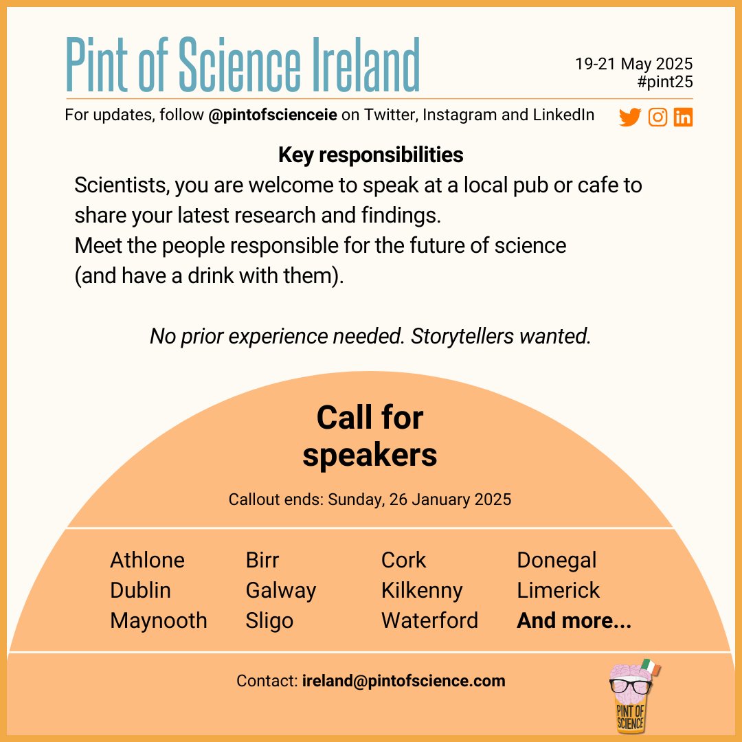 Are you a researcher in Ireland who wants to share your #science with the public? 

Apply to speak at #Pint25 and get hands-on experience in #ScienceCommunication with the full support of our team!

📍 Apply here: tinyurl.com/2s4hmmc5
📅 Deadline: January 26th 2025