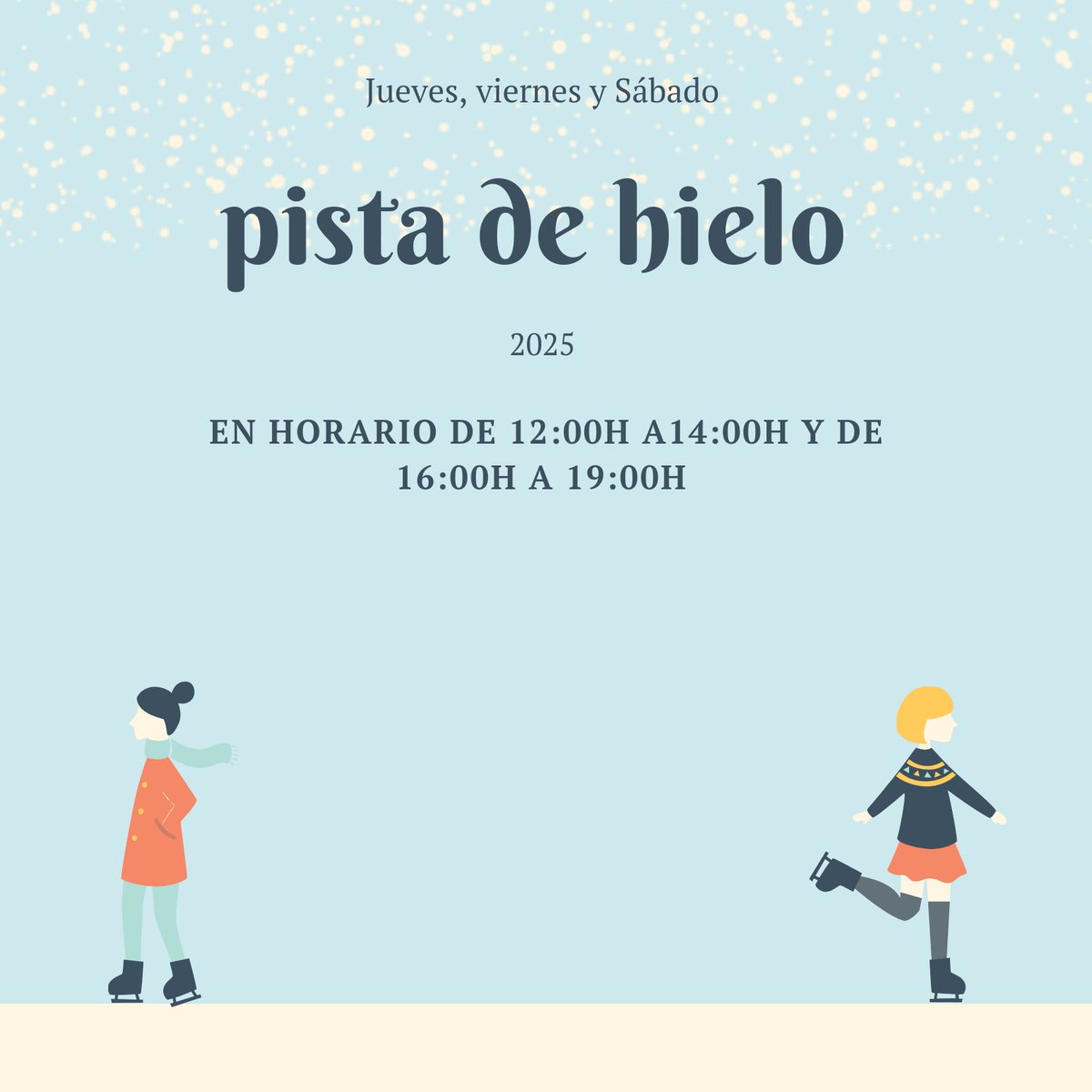 mpezamos el año 2025 con nuevas actividades.
En el complejo deportivo " Manolo el del Bombo " se instalará durante los días 2, 3 y 4 de enero una pista de patinaje sobre hielo y para los más pequeños habrá un castillo hinchable.