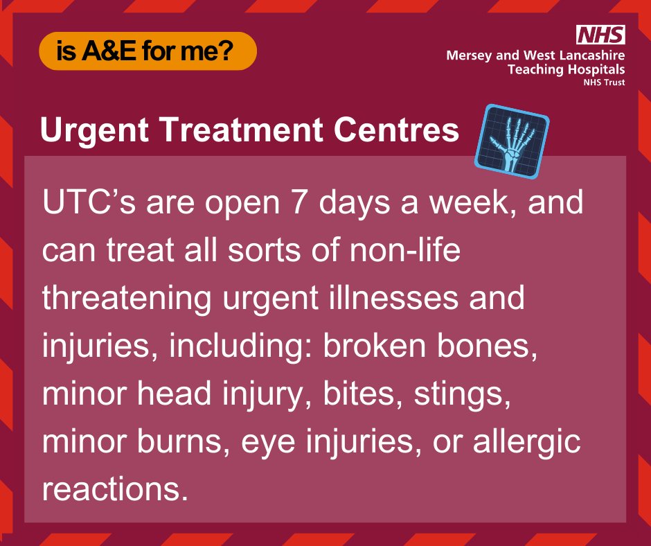 Our A&amp;E departments remains incredibly busy. Local Urgent Treatment Centres and Walk-in Centres are open.

Visit: merseywestlancs.nhs.uk/help-us-to-hel… for more information.

If you need medical care and you’re not sure where to go visit: 111.nhs.uk and an advisor will direct you