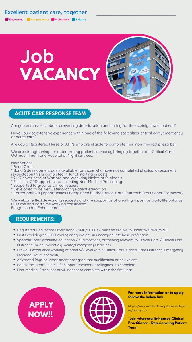 lucy halpin (@lucyhalpin1) on Twitter photo 🗣️New Job for the New Year??
Do you have Critical, Emergency or Acute care experience at band 6 or above level?
Come and join our new Acute Care Response Team Service here <a href="/WestHertsNHS/">West Herts Teaching Hospitals NHS Trust</a>
<a href="/kellyMcgovern21/">kelly McGovern</a> <a href="/Mel_Chambers76/">Mel Chambers</a> <a href="/clairecuttingOT/">Claire Cutting</a> <a href="/WestHertsICU/">ICU West Herts Teaching Hospitals</a>
westhertshospitals.nhs.uk/join-us/apply-… 🗣️New Job for the New Year??
Do you have Critical, Emergency or Acute care experience at band 6 or above level?
Come and join our new Acute Care Response Team Service here <a href="/WestHertsNHS/">West Herts Teaching Hospitals NHS Trust</a>
<a href="/kellyMcgovern21/">kelly McGovern</a> <a href="/Mel_Chambers76/">Mel Chambers</a> <a href="/clairecuttingOT/">Claire Cutting</a> <a href="/WestHertsICU/">ICU West Herts Teaching Hospitals</a>
westhertshospitals.nhs.uk/join-us/apply-…