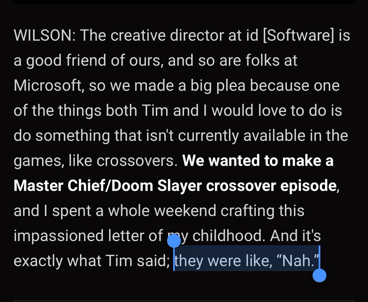 Wait this is actually so infuriating

The directors of Secret Level genuinely wanted to do a crossover episode (likely animated by BLUR btw) with Chief and Doom Slayer and Microsoft just flat out said no

But they DID say yes to Master Chief’s ass cheeks

It’s all so tiresome 🤦‍♂️