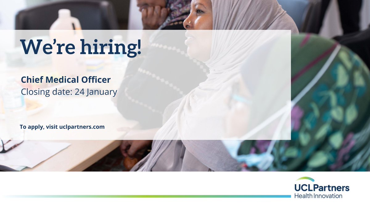 UCLPartners (@uclpartners) on Twitter photo We are looking for a senior clinician, with an interest in health innovation, to be our Chief Medical Officer.
Find out more and apply by 24 January here: uclpartners.com/vacancy/chief-… We are looking for a senior clinician, with an interest in health innovation, to be our Chief Medical Officer.
Find out more and apply by 24 January here: uclpartners.com/vacancy/chief-…