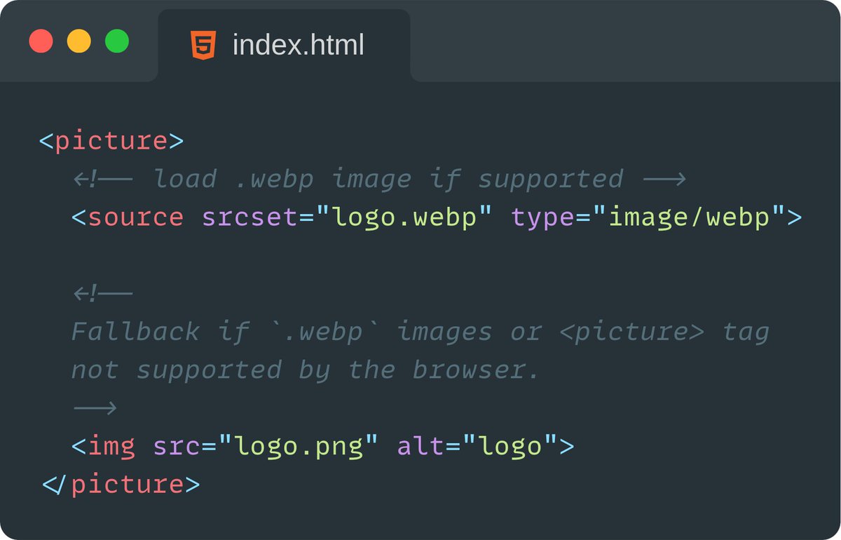 denicmarko's tweet image. HTML (Performance) tip:
Use the `.webp` image format to make images smaller and boost the performance of your website.