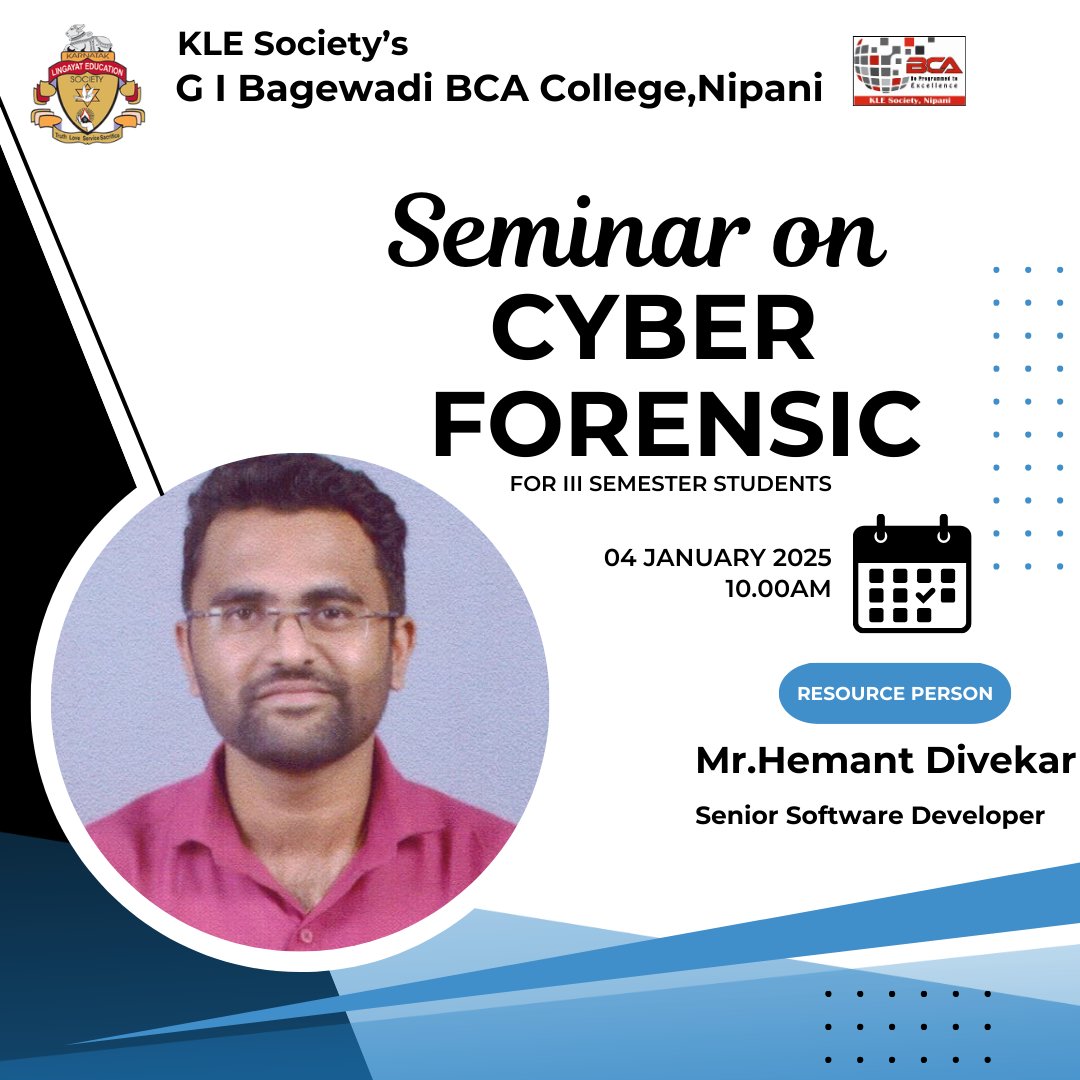 KLE_bca_nipani's tweet image. &quot;Unlocking the secrets of the digital world 🕵️‍♂️🔍  Seminar On Cyber Forensic Organizing For III Semester Students On 4th January 2025 #CyberForensics #TechSeminar