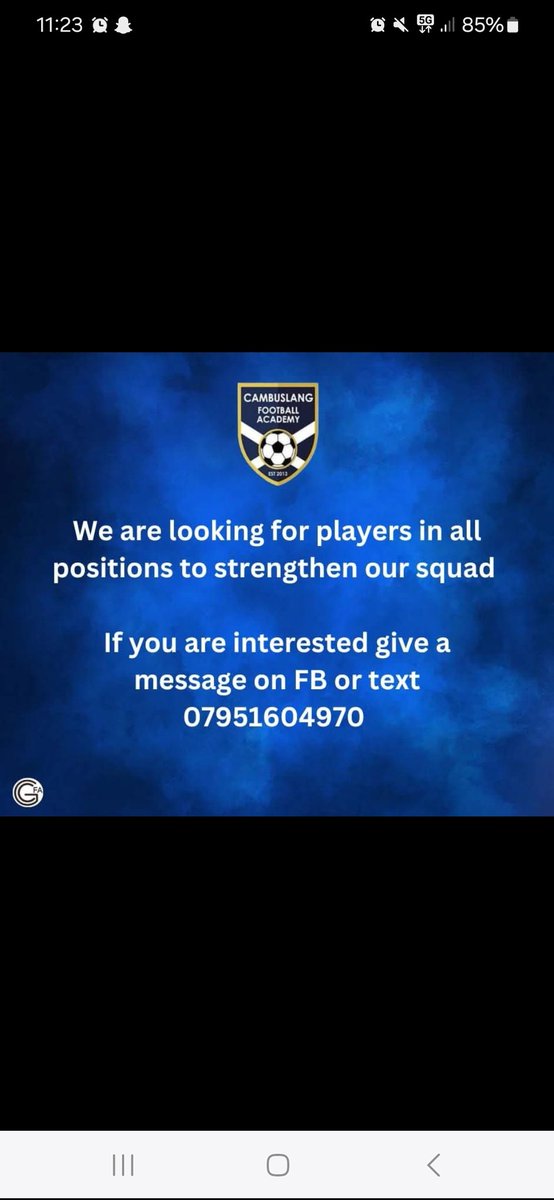 Cambuslang Football Academy Amateurs (@cambuslangfaama) on Twitter photo Looking to add to our squad
Get in touch
Mtc🔵⚪️
<a href="/GlasCollegesFA/">Glasgow Colleges FA</a>
<a href="/TeamfinderScot1/">Team Finder Scotland</a> Looking to add to our squad
Get in touch
Mtc🔵⚪️
<a href="/GlasCollegesFA/">Glasgow Colleges FA</a>
<a href="/TeamfinderScot1/">Team Finder Scotland</a>