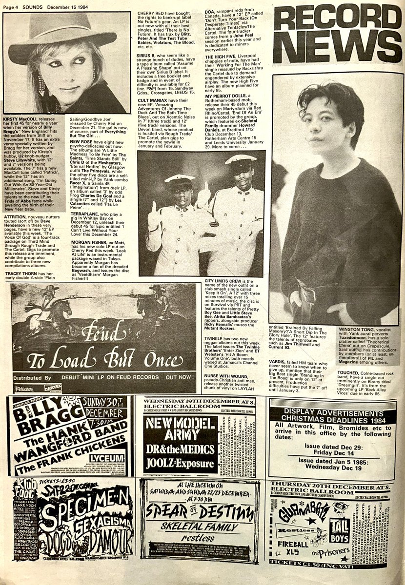 ZoundsAbound's tweet photo. A round up of this week’s Record and Tour News featuring information on #KirstyMacColl @tracey_thorn #Terraplane #SiriusB #CultManiax #DOA #WinstonTong #Touched #Shriekback #IndiansInMoscow #ShockHeadedPeters #TheBurning & #TheThreeJohns
Sounds Dec 15th 1984 https://t.co/RZTnFygZFS