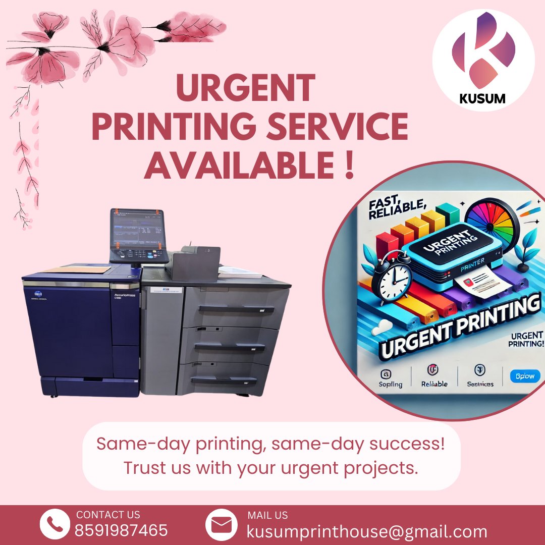 KusumPrinthouse's tweet image. " Last-minute printing? No problem! Get your prints fast and flawless with our urgent services."
#printondemand #samedayprinting #quickservices #printsolutions #businessessentials #weprintfast #rushordersavailable