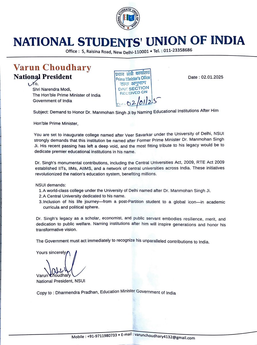 nsui's tweet photo. NSUI National President Shri @varunchoudhary2 sets the record straight!

As PM Modi prepares to lay the foundation stone for DU's Veer Savarkar College, Shri Varun Choudhary asserts, 'This campus should be named in honor of Dr. Manmohan Singh Ji, whose academic excellence and contributions to India are unmatched. Let’s celebrate real achievements, not divisive propaganda!'

A tribute to knowledge, unity, and progress!