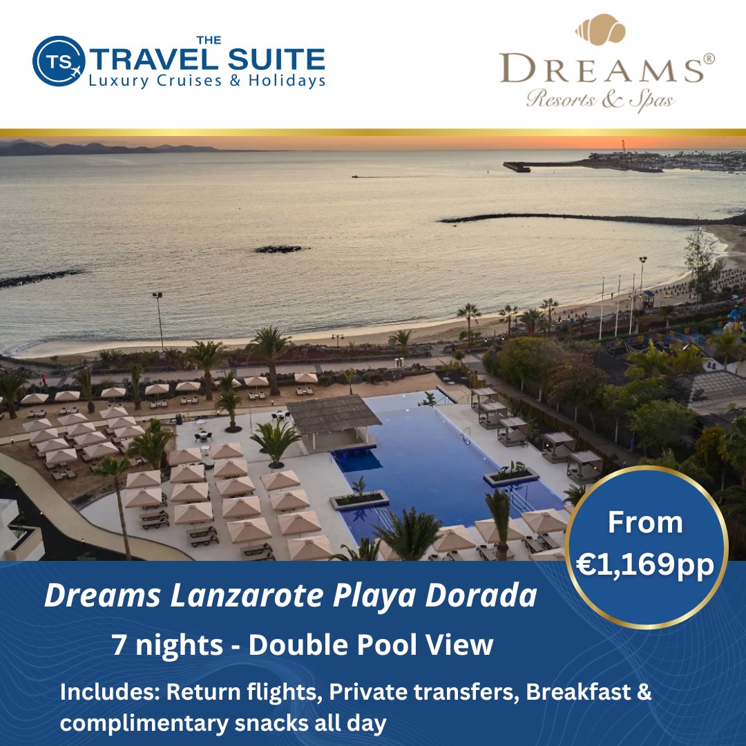 ✨7-Night Luxury Escape to Lanzarote – From €1,169pp☀️

📅 1st Feb 2025
🏖️ Dreams Playa Dorada – Double Pool View (Preferred Club)
✈️ Return Flights &amp; Private Transfers
🍽️Breakfast &amp; snacks 

Ref: 724280

Book Now! 
📞 01 9059008
📧 holidays@thetravelsuite.ie