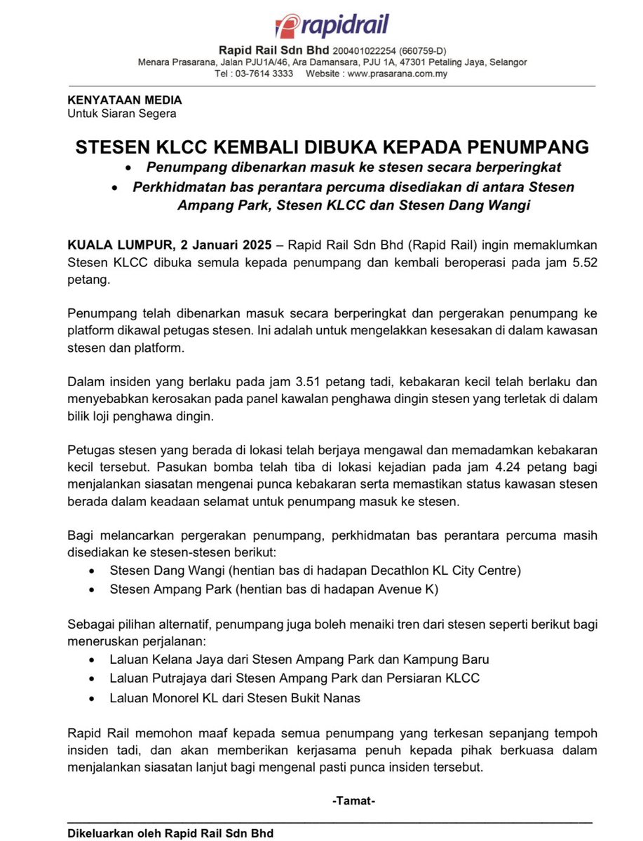 askrapidkl's tweet photo. STESEN KLCC KEMBALI DIBUKA KEPADA PENUMPANG

• Penumpang dibenarkan masuk ke stesen secara berperingkat 
• Perkhidmatan bas perantara percuma disediakan di antara Stesen Ampang Park, Stesen KLCC dan Stesen Dang Wangi https://t.co/gDHCy2dOXL