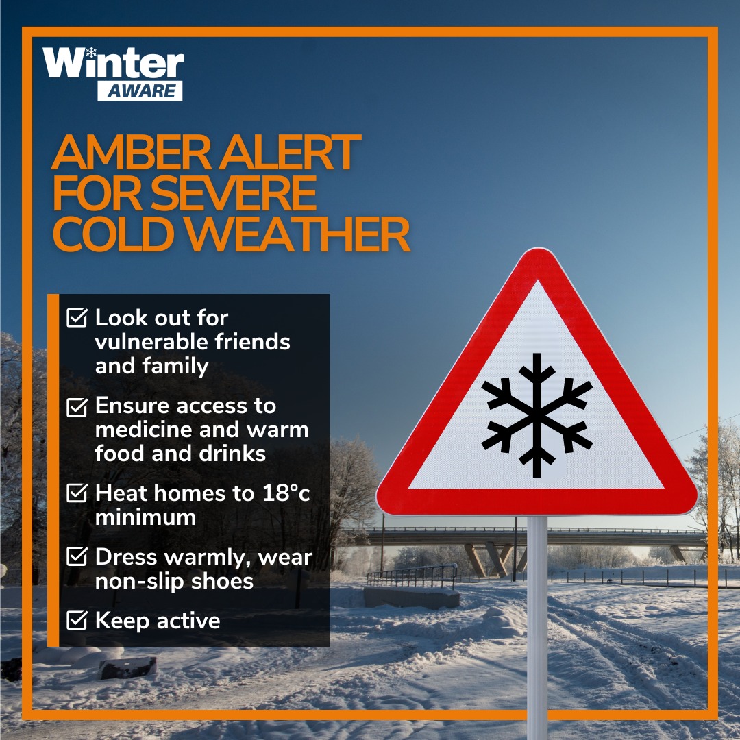 ⚠️❄️The Met Office has issued an Amber weather alert for severe cold weather and icy conditions in the East of England from 12pm 2 January until 12pm 8 January.

This weather is likely to cause significant health risks especially for older people, the under 5s and those living