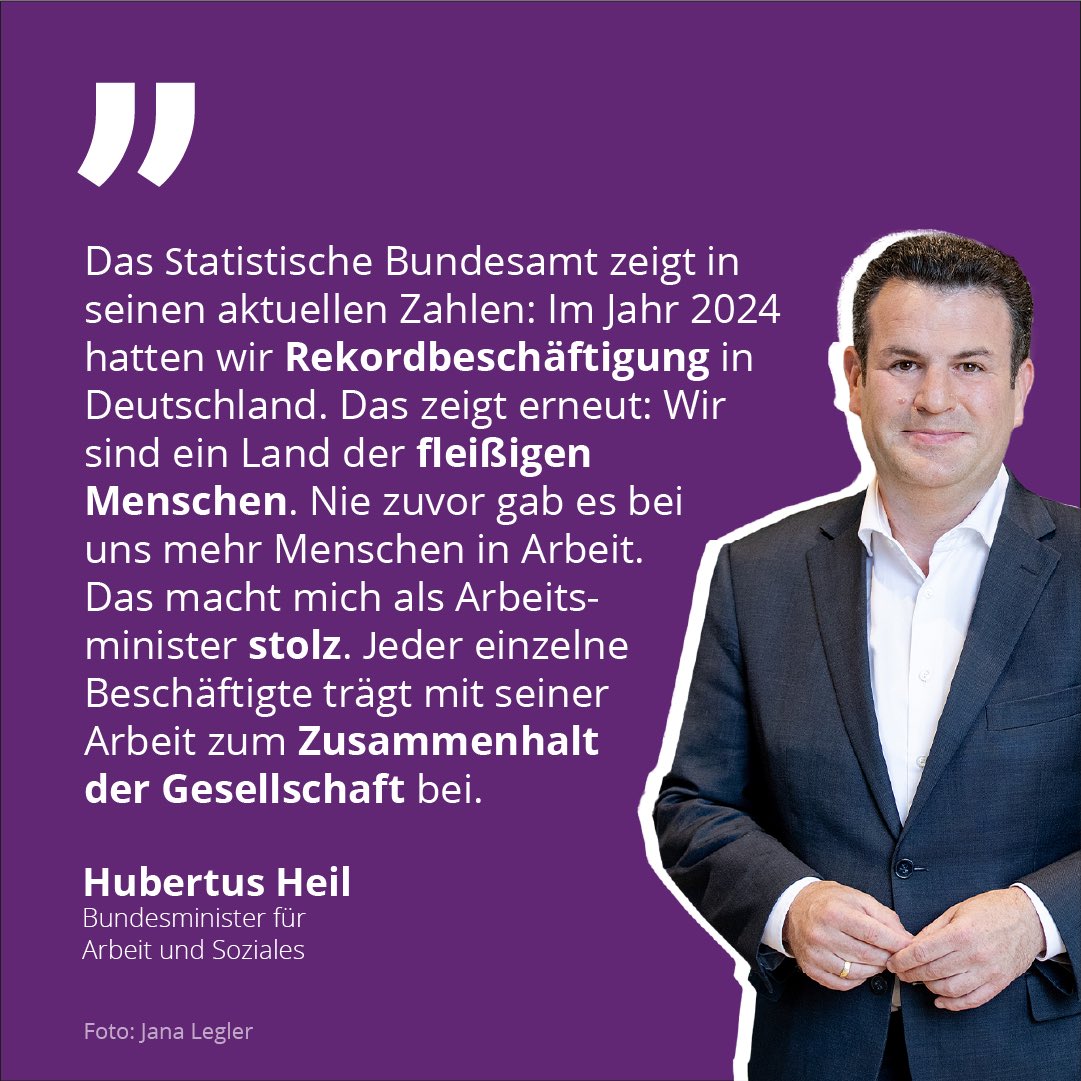 Bundesministerium für Arbeit und Soziales (@bmas_bund) on Twitter photo „Nie zuvor gab es bei uns mehr Menschen in Arbeit. Das macht mich als Arbeitsminister stolz.“ BM <a href="/hubertus_heil/">Hubertus Heil</a> zu den aktuellen Zahlen des <a href="/destatis/">Statistisches Bundesamt</a>. #Rekordbeschäftigung „Nie zuvor gab es bei uns mehr Menschen in Arbeit. Das macht mich als Arbeitsminister stolz.“ BM <a href="/hubertus_heil/">Hubertus Heil</a> zu den aktuellen Zahlen des <a href="/destatis/">Statistisches Bundesamt</a>. #Rekordbeschäftigung