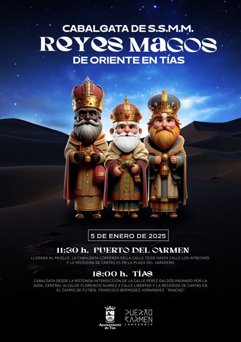 Ayuntamiento de Tías (@ayundetias) on Twitter photo 👑 ¡Los Reyes Magos llegan a #Tías y <a href="/ptodelcarmen/">Puerto del Carmen</a> !
🌟 Este domingo, 5 de enero, vive la magia y la ilusión de la Cabalgata de S.S.M.M. los Reyes Magos de Oriente en el municipio.
✨ ¡No te pierdas esta noche llena de sueños e ilusión! 👑 ¡Los Reyes Magos llegan a #Tías y <a href="/ptodelcarmen/">Puerto del Carmen</a> !
🌟 Este domingo, 5 de enero, vive la magia y la ilusión de la Cabalgata de S.S.M.M. los Reyes Magos de Oriente en el municipio.
✨ ¡No te pierdas esta noche llena de sueños e ilusión!