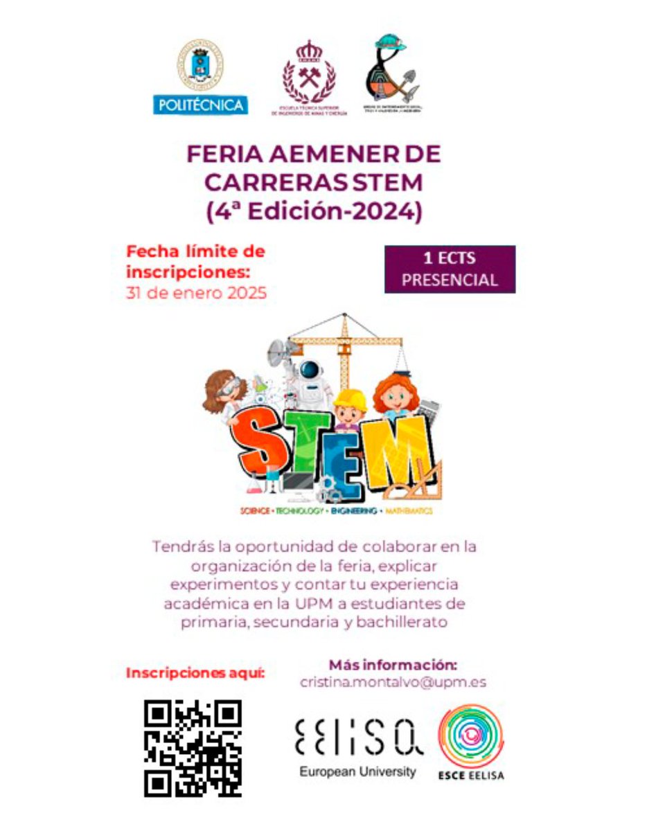🌟 ¡ÚNETE a la Feria <a href="/Mujeres_Energia/">AEMENER</a> de Carreras STEM en la ETSIME! 🌟<a href="/UESEVI/">UESEVI UPM</a>
📅 Fechas: 5, 6 y 7 de febrero
📚 1 ECTS
📝 Inscripción: hasta el 4 de febrero
Más Información: short.upm.es/8ocsk
 #STEM #AEMENER #UPM #ETSIME #UESEVI