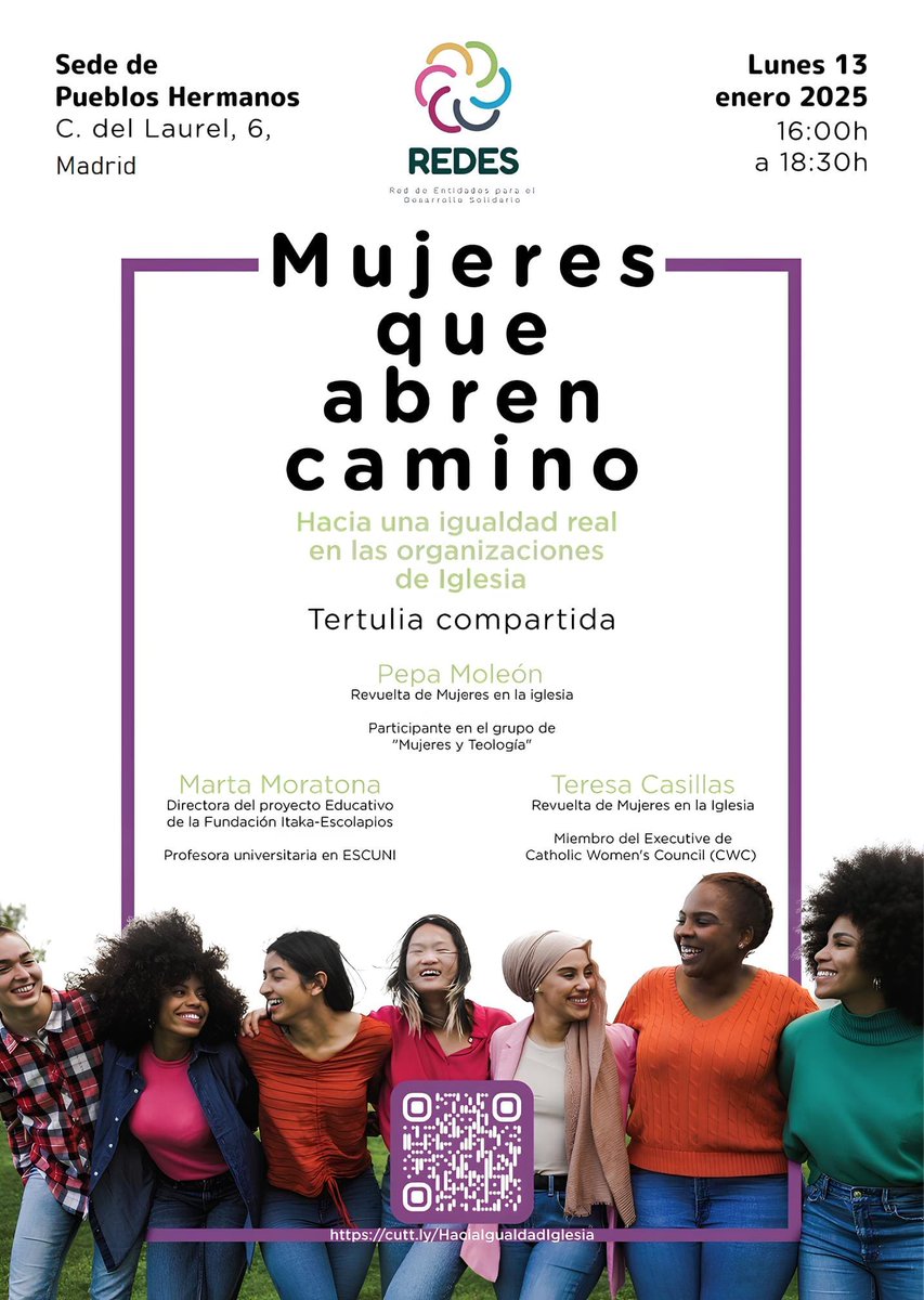 Red Entidades Desarrollo Solidario (@redes_ongd) on Twitter photo 📢El Grupo de Feminismos de REDES os invita a una tertulia para promover la #igualdad en las organizaciones eclesiales. 📅Lunes #13deEnero, 🕐16h (C/Laurel 6, Madrid) con Marta M (<a href="/itakaescolapios/">Red Itaka Escolapios</a>), Pepa Moleón y Teresa Casillas (<a href="/RevueltaMujeres/">Revuelta de Mujeres en la Iglesia</a>). cutt.ly/HaciaIgualdadI… 📢El Grupo de Feminismos de REDES os invita a una tertulia para promover la #igualdad en las organizaciones eclesiales. 📅Lunes #13deEnero, 🕐16h (C/Laurel 6, Madrid) con Marta M (<a href="/itakaescolapios/">Red Itaka Escolapios</a>), Pepa Moleón y Teresa Casillas (<a href="/RevueltaMujeres/">Revuelta de Mujeres en la Iglesia</a>). cutt.ly/HaciaIgualdadI…