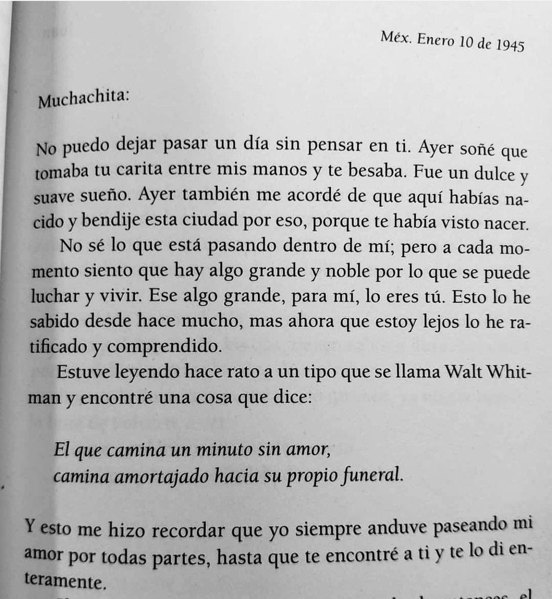 literland (@literlandweb1) on Twitter photo En enero de 1945 Juan Rulfo escribía en una de sus cartas a Clara, citando a Walt Whitman: "El que camina un minuto sin amor, camina amortajado hacia su propio funeral". En enero de 1945 Juan Rulfo escribía en una de sus cartas a Clara, citando a Walt Whitman: "El que camina un minuto sin amor, camina amortajado hacia su propio funeral".