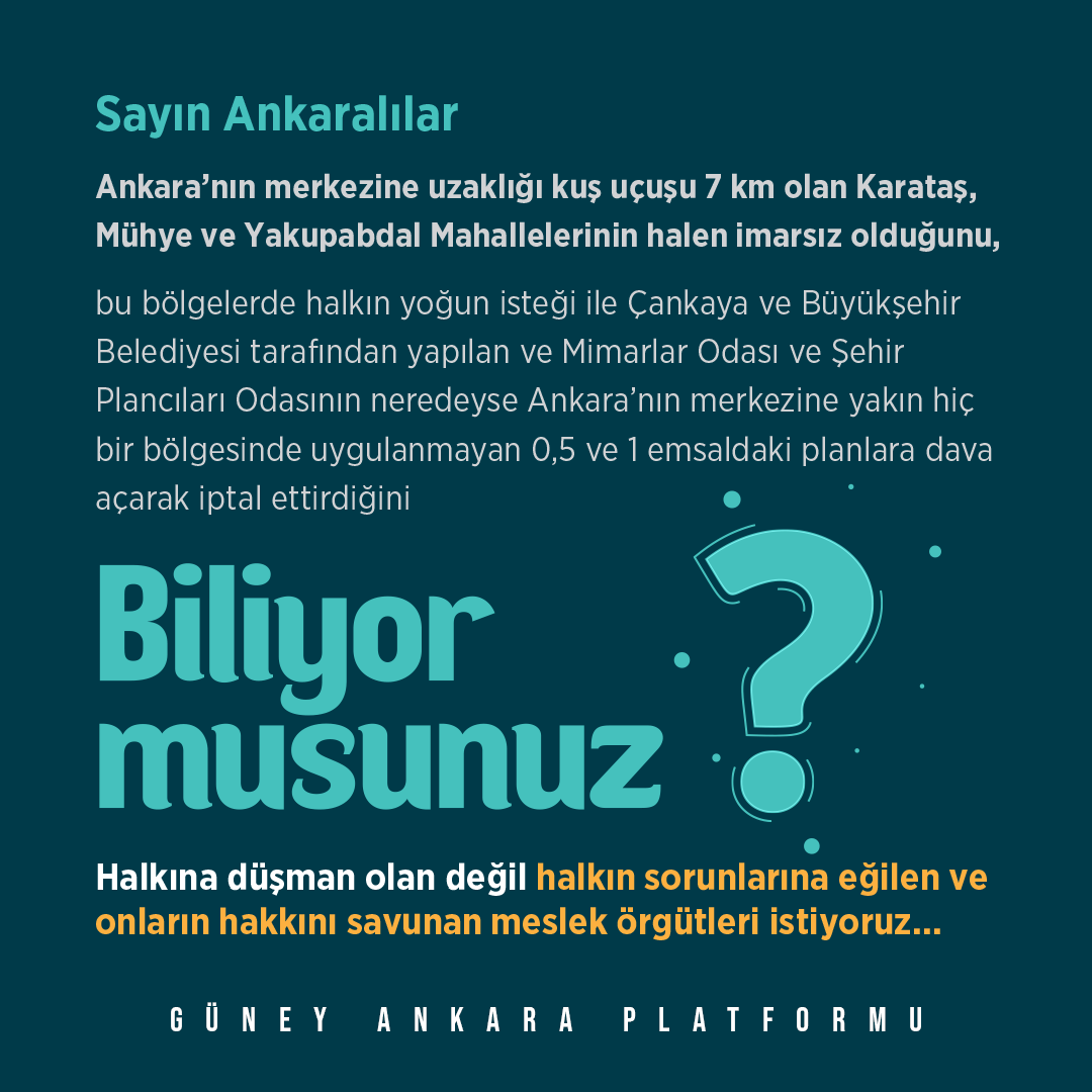 Halkına düşman olan Meslek odaları değil, halkın isteklerine kulan veren, onların sorunları için çalışan meslek odaları istiyoruz.

HALKA KARŞI HAKLI DAVA OLMAZ...
<a href="/mimodank/">Mimarlar Odası Ankara Şubesi</a> <a href="/spoank/">TMMOB Şehir Plancıları Odası Ankara Şubesi</a> <a href="/mim_coskuntorun/">Coşkun Torun</a> <a href="/mansuryavas06/">Mansur Yavaş</a> <a href="/hcanguner/">Hüseyin Can Güner</a> <a href="/veliagbaba/">Veli Ağbaba</a>  <a href="/geomanteia/">ceren gamze yasar</a> <a href="/MimarlarOdasi_T/">TMMOB Mimarlar Odası</a> <a href="/SPO1969/">TMMOB Şehir Plancıları Odası</a>