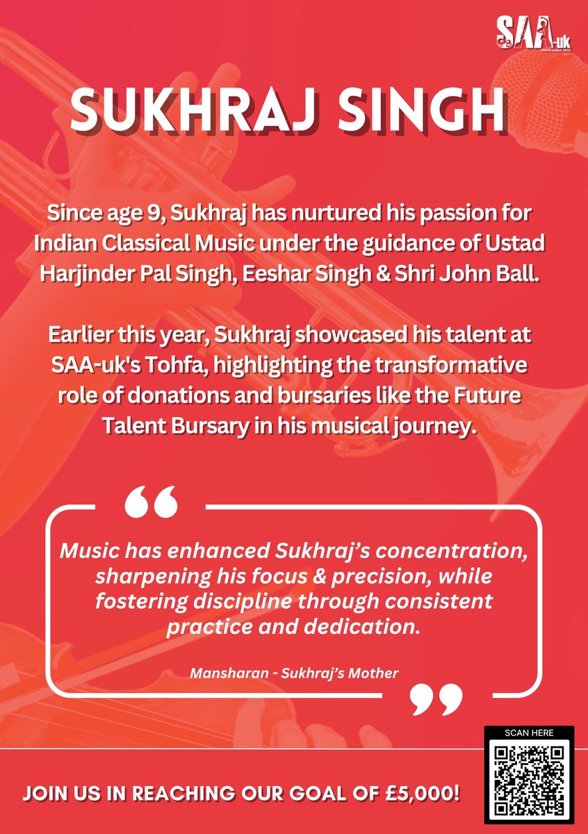 South Asian Arts-uk (@southasianartuk) on Twitter photo Since age 9, Sukhraj Singh has nurtured his passion for Indian Classical Music at SAA-uk's Music Academy
We need your help to get Sukhraj and his peers on stage at <a href="/RoundhouseLDN/">Roundhouse</a>
More-- buff.ly/49Yo2nT
<a href="/ace_national/">Arts Council England</a> <a href="/FutureTalentUK/">Future Talent</a> <a href="/WestYorkshireCA/">West Yorkshire Combined Authority</a> <a href="/FundrRegulator/">FundraisingRegulator</a> Since age 9, Sukhraj Singh has nurtured his passion for Indian Classical Music at SAA-uk's Music Academy
We need your help to get Sukhraj and his peers on stage at <a href="/RoundhouseLDN/">Roundhouse</a>
More-- buff.ly/49Yo2nT
<a href="/ace_national/">Arts Council England</a> <a href="/FutureTalentUK/">Future Talent</a> <a href="/WestYorkshireCA/">West Yorkshire Combined Authority</a> <a href="/FundrRegulator/">FundraisingRegulator</a>