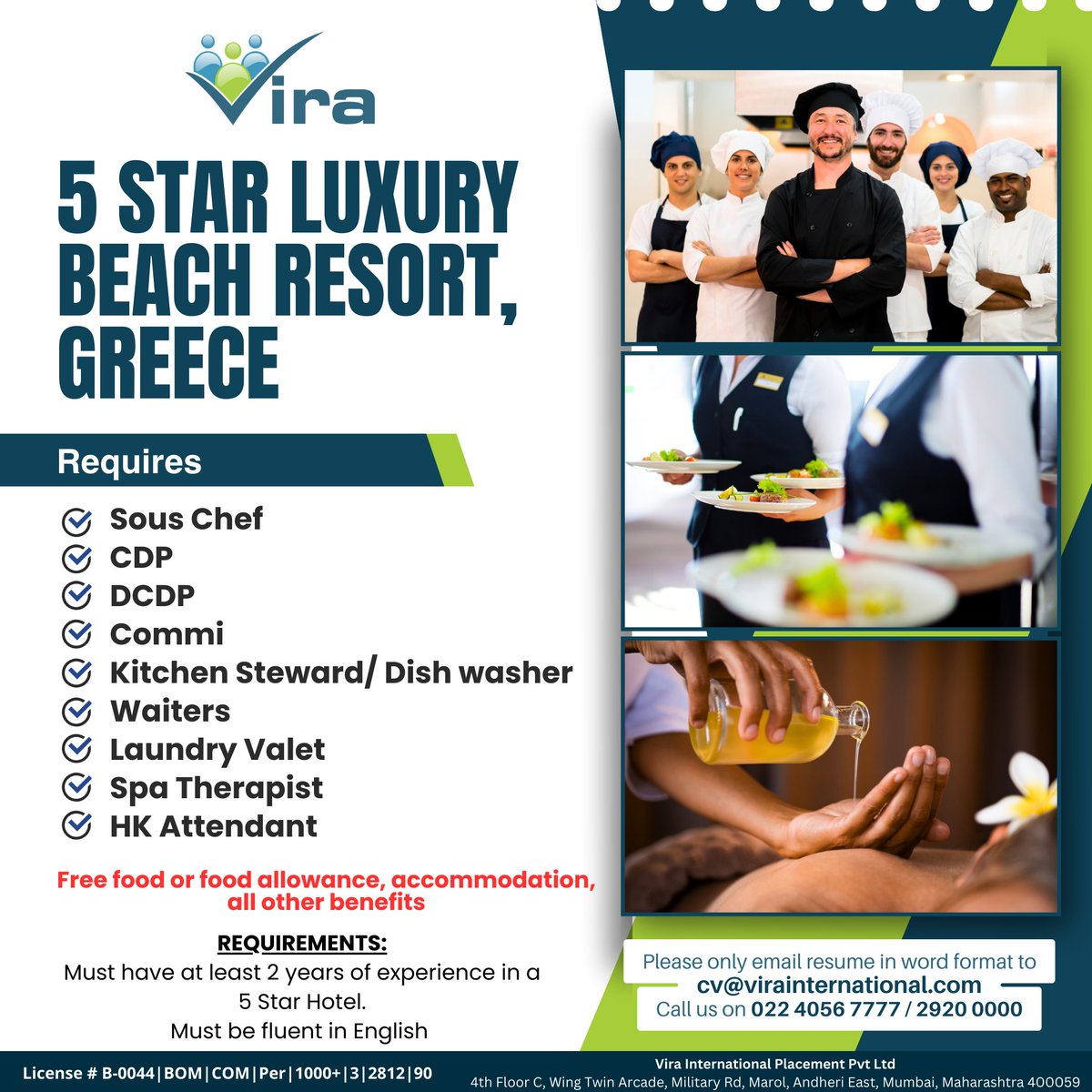 Vira_India's tweet photo. 5 star Luxury Beach Resort, Greece!

Requires
Sous Chef
CDP
DCDP
Commi
Kitchen Steward/ Dish washer
Waiters
Laundry Valet
Spa Therapist
HK Attendant

Free food or food allowance, accommodation, all other benefits

#Vira #Greece #SousChef #CDP #DCDP #Laundry #Spa #HK #ApplyNow https://t.co/0auHKzE2FN