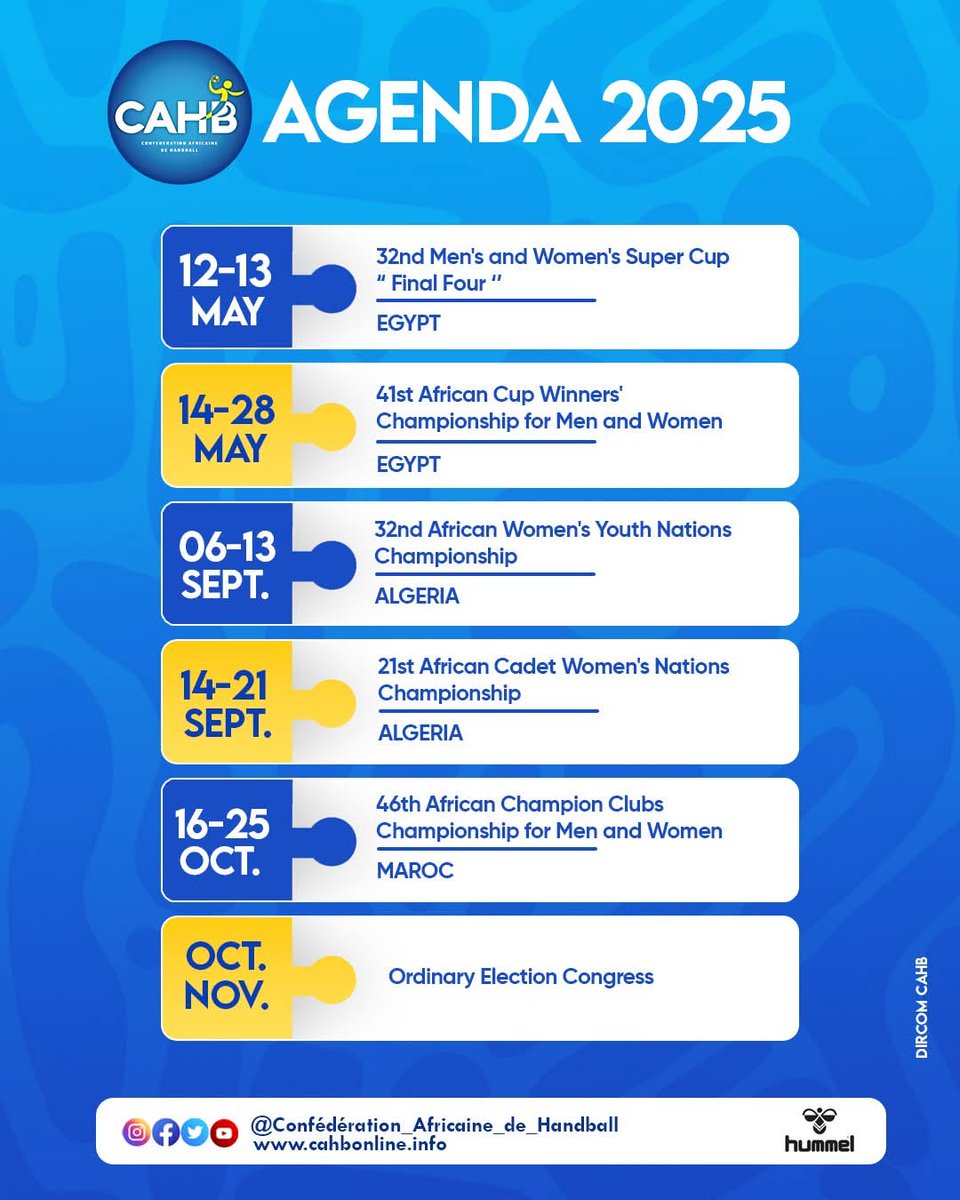 Handball Press π¬ππ (@handballpressgh) on Twitter photo Agenda 2025: ConfΓ©dΓ©ration Africaine de Handball releases its activities for the calendar year.
<a href="/DeConfederation/">Confederation Africaine de Handball</a>
#Handball #CAHB #Agenda2025 #HandballPressGH Agenda 2025: ConfΓ©dΓ©ration Africaine de Handball releases its activities for the calendar year.
<a href="/DeConfederation/">Confederation Africaine de Handball</a>
#Handball #CAHB #Agenda2025 #HandballPressGH