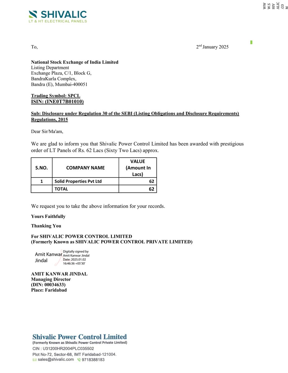 nileshkurhade's tweet image. 📌 Shivalic Power Control Ltd informed the exchange about being awarded a prestigious order for LT Panels worth ₹62 lacs from Solid Properties Pvt Ltd. The project is scheduled to be completed by mid-April 2025. #SME #SPCL 🏗️💼
