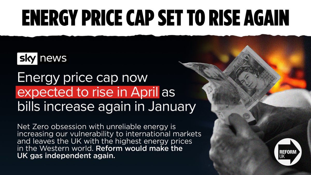 reformparty_uk's tweet photo. As electricity bills rise in January and are forecast to rise again in April, the UK suffers the highest prices in the West. 

Successive Tory and now Labour governments have foolishly reduced domestic gas production.

Net Zero is making us poorer, only Reform will scrap it. https://t.co/qyWSjhPwd0