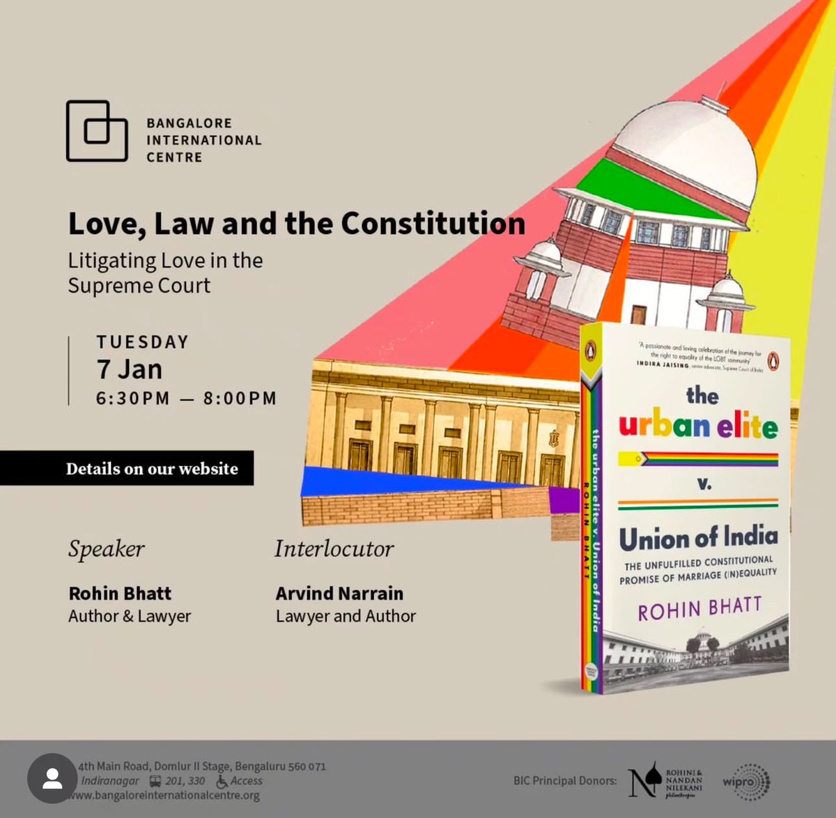 Rohin Bhatt🏳️🌈 (@bhattrohin) on Twitter photo Folks, will be in Bangalore talking about Love, Law and the Constitution with the redoubtable Arvind Narrain (<a href="/anarrain/">Arvind narrain</a>) at the Bangalore International Centre! I will also talk about the next book there, in addition to the Urban Elite.
RSVP—
docs.google.com/forms/d/e/1FAI… Folks, will be in Bangalore talking about Love, Law and the Constitution with the redoubtable Arvind Narrain (<a href="/anarrain/">Arvind narrain</a>) at the Bangalore International Centre! I will also talk about the next book there, in addition to the Urban Elite.
RSVP—
docs.google.com/forms/d/e/1FAI…
