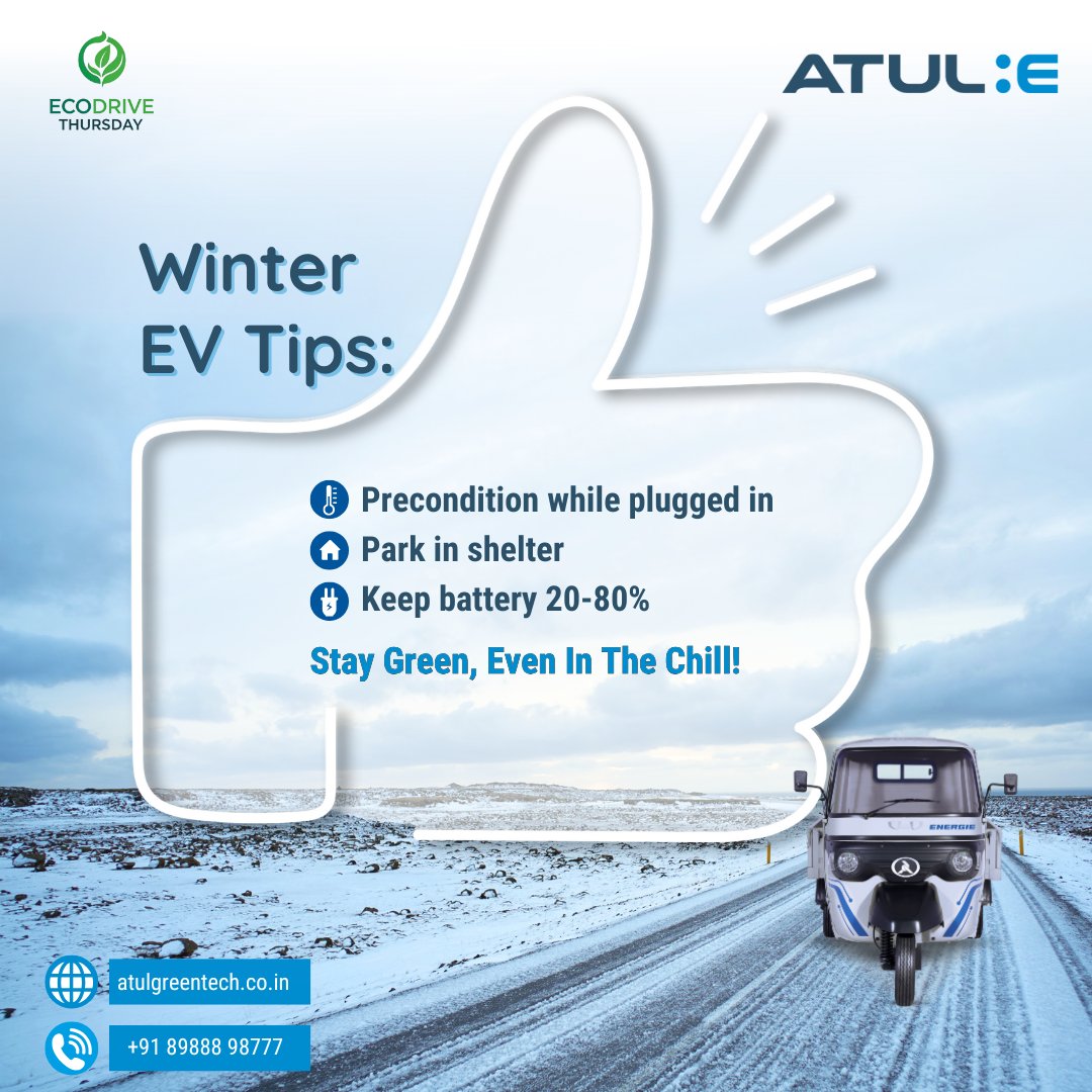 AtulGreentech's tweet photo. Did you know? Freezing temps can affect your EV’s battery and range. Stay winter-ready with these quick tips:
🌡️ Precondition your EV while plugged in
🏠 Park in a garage or sheltered area
🔋 Keep your battery between 20-80%
#AtulGreentech #Sustainability #EcodriveThursday https://t.co/nCBHk37AaA