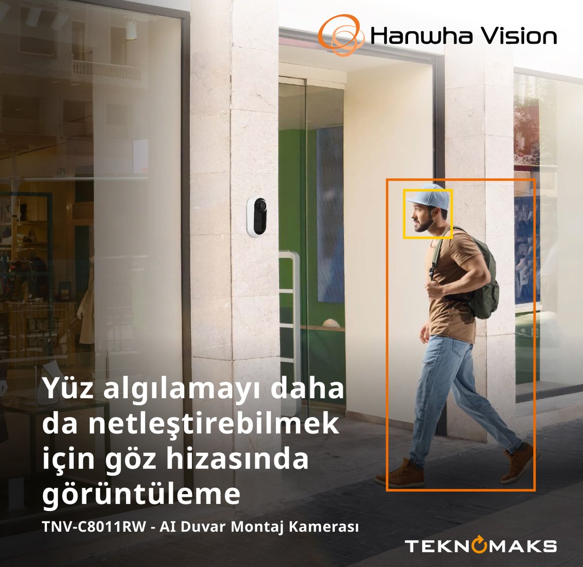 Teknomaks's tweet photo. TNV-C8011RW - AI Duvar Montaj Kamerası ile Şapka veya şemsiye kullanımı söz konusu olsa bile, göz hizasında görüntüleme, yüz algılamayı daha net bir hale getirir.

#hanwhavision #yapayzekakamera #duvaramontekamera #teknomaks https://t.co/8C7O1g512N