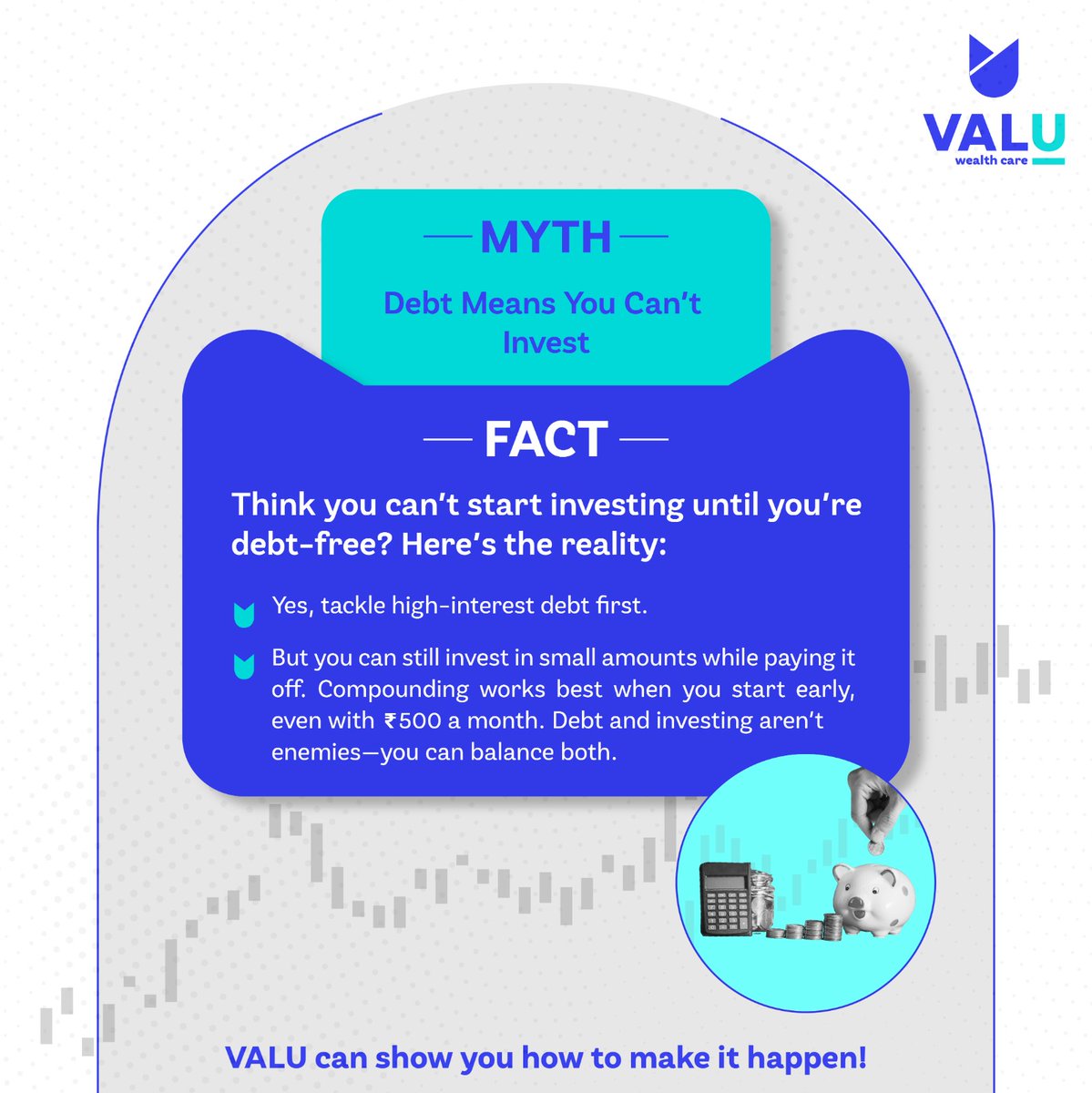 CareValu5157's tweet photo. Don't wait to clear all debt before investing! Start small, stay consistent, and build wealth today. Let ValU guide you to the perfect financial balance. 

📞 +91 8799440700 ✉️ reachus@valuwealthcare.com

#ValU #InvestSmart #WealthBuilding https://t.co/LltUatCvAA