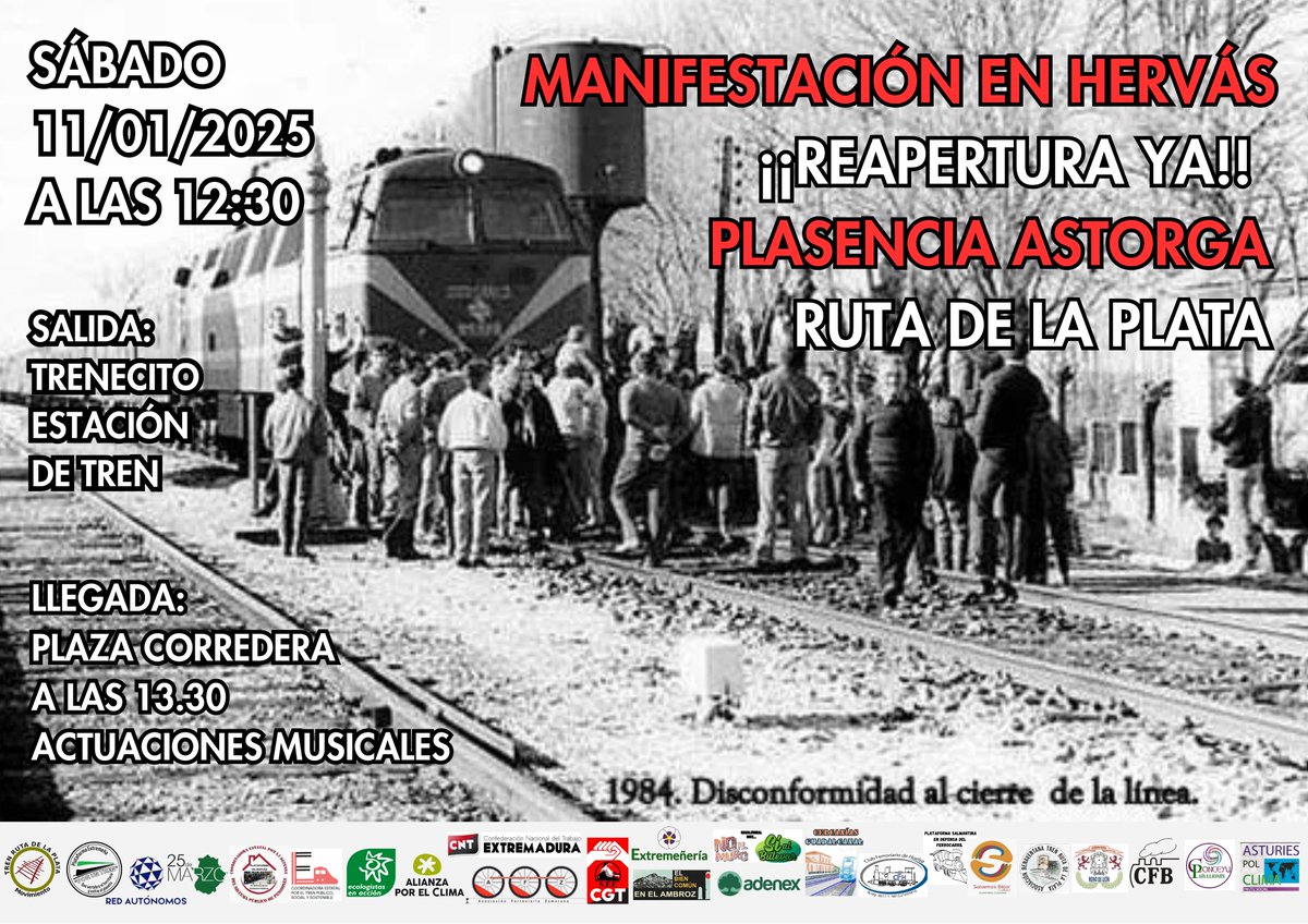 4️⃣0️⃣ años del cierre de la Plasencia Astorga🚧 
Volvemos a la estación de ferrocarril de Hervás el 11 de enero de 2025 con mucha más indignación 🚂🚋🚋🚋 
‼️ #HervásReaperturaYA‼️