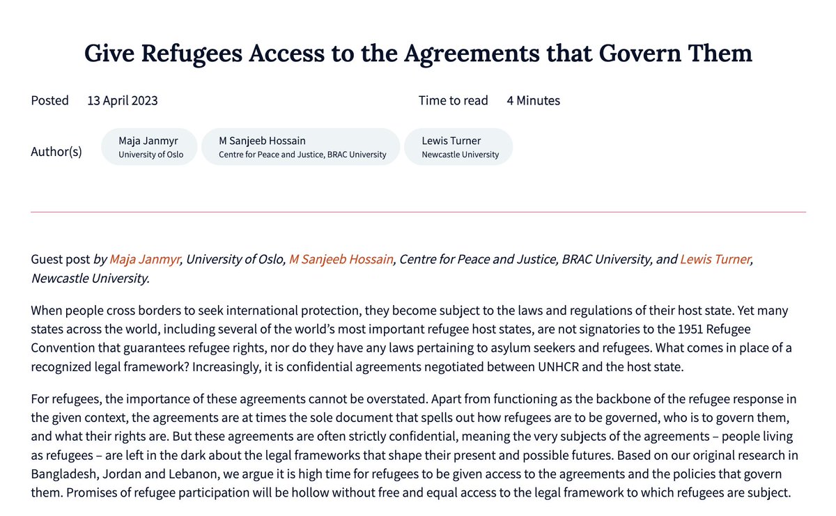 The BEYOND project (@non_signatory) on Twitter photo How can refugees engage in shaping their futures if agreements remain confidential?
<a href="/MYRMEK/">Maja Janmyr</a>, <a href="/SanjeebHossain/">M Sanjeeb Hossain</a> and <a href="/lewiseturner/">Lewis Turner</a> delve into the necessity of transparency in UNHCR-host state agreements in @BorderCrim. 🔗Read the blog post here:
blogs.law.ox.ac.uk/border-crimino… How can refugees engage in shaping their futures if agreements remain confidential?
<a href="/MYRMEK/">Maja Janmyr</a>, <a href="/SanjeebHossain/">M Sanjeeb Hossain</a> and <a href="/lewiseturner/">Lewis Turner</a> delve into the necessity of transparency in UNHCR-host state agreements in @BorderCrim. 🔗Read the blog post here:
blogs.law.ox.ac.uk/border-crimino…