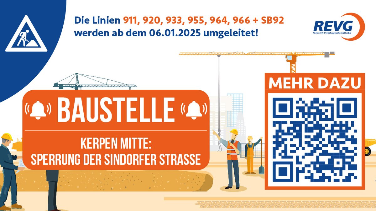 Kerpen-Mitte: Baumaßnahme ab 06.01.2025 | Die Sindorfer Straße wird saniert | Linien werden umgeleitet, es gelten neue Fahrpläne | Alle Infos hier: revg.de/aktuelles-komp…