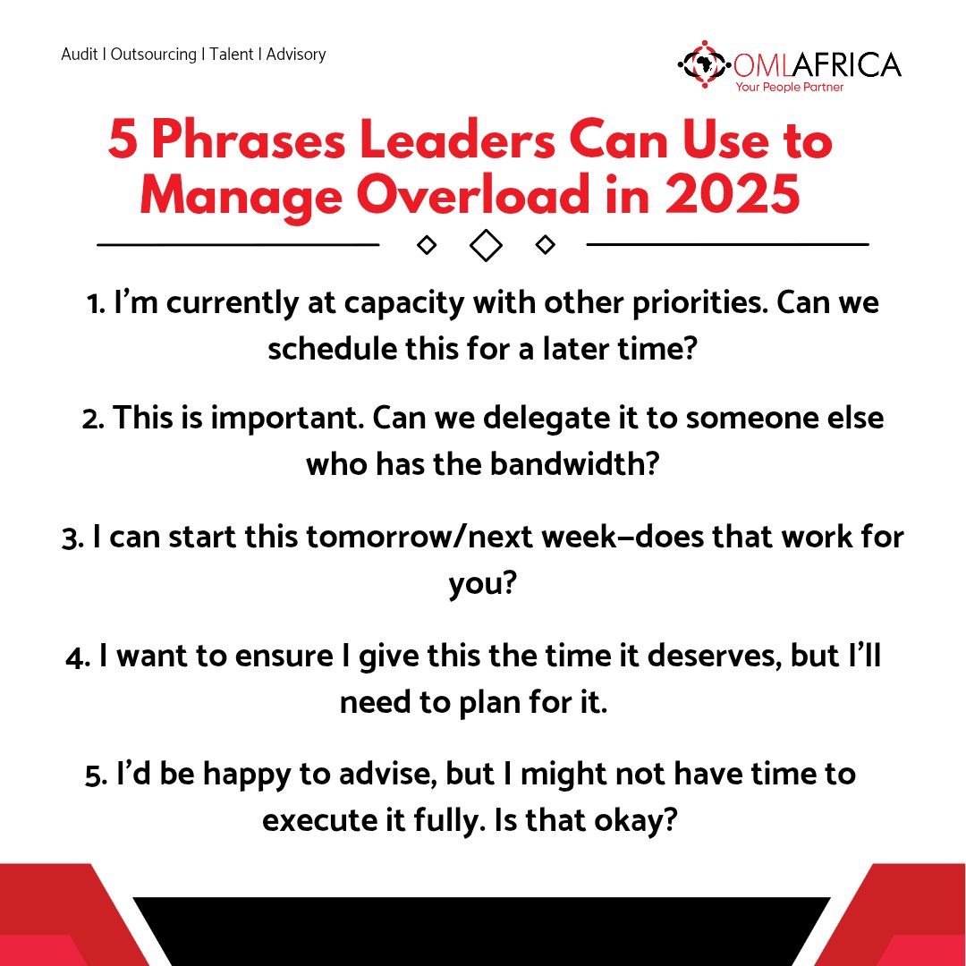 OMLAfrica's tweet image. &quot;Don’t let your mouth overload your back&quot; 
–Jim Rohn. 
As leaders and employers in 2025, protecting your time and focus is key. Here are 5 simple phrases to set boundaries and manage tasks effectively!

#boundariesatwork 
#effectivecommunication 
#effectiveleadership