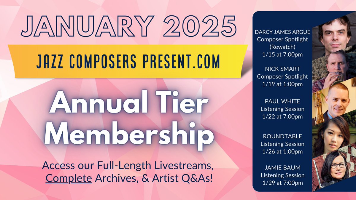 JazzComposersPresent (@jazzcomppresent) on Twitter photo Check out our exciting list of MEMBERS-ONLY livestreams for January 2025 featuring <a href="/darcyjamesargue/">Darcy James Argue 🇺🇦</a>, Nick Smart, Paul White, & <a href="/JamieBaumFlute/">Jamie Baum</a>!
<a href="/DanjamMusic/">Daniel Jamieson</a> <a href="/mihohazama/">Miho Hazama</a> Check out our exciting list of MEMBERS-ONLY livestreams for January 2025 featuring <a href="/darcyjamesargue/">Darcy James Argue 🇺🇦</a>, Nick Smart, Paul White, & <a href="/JamieBaumFlute/">Jamie Baum</a>!
<a href="/DanjamMusic/">Daniel Jamieson</a> <a href="/mihohazama/">Miho Hazama</a>