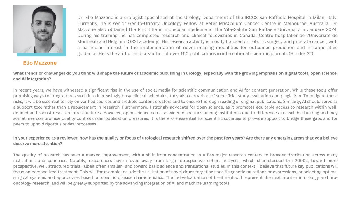 ✨ 2024 Reviewers of the Year ✨ 

Our final Reviewer of the year is Dr. Elio Mazzone.

Congratulations <a href="/elio_mazzone/">Elio Mazzone</a>, and thank you for your time, energy and dedication to The Platinum Journal! 

#UroSoMe #MedTwitter #ROTY #ReviewOfTheYear