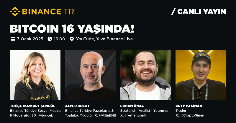 BinanceTR's tweet photo. #Bitcoin'in 16. yıldönümünü @tuuceb moderatörlüğünde @AllinBNB, @erhanunal ve @CryptoSinan ile birlikte kutluyoruz.🥳 #Bitcoin16Yaşında

📅 3 Ocak 2025
⏰ 19.00
📍 https://t.co/ur2u8iHruC

Ayrıca canlı yayında 250 $ ödül havuzu sizi bekliyor! 🎁