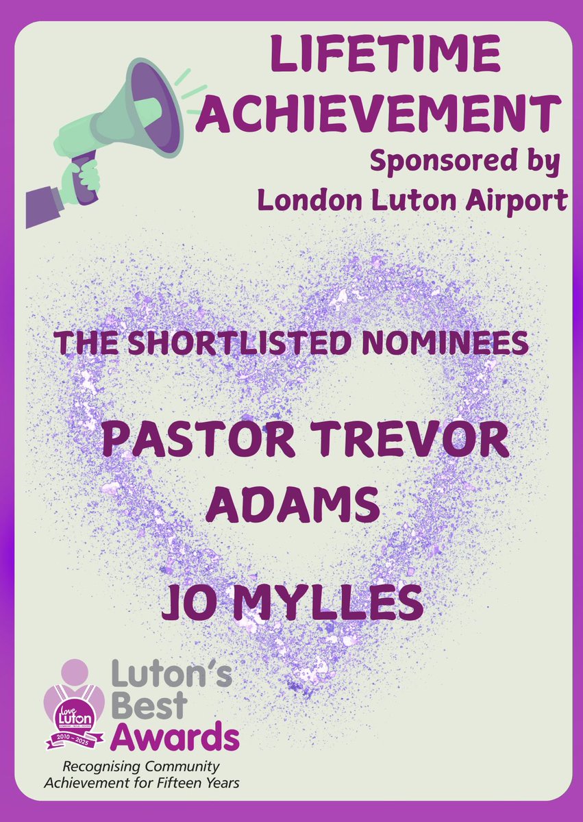 Love Luton (@love_luton) on Twitter photo We are delighted to announce the shortlist for the Lifetime Achievement Award sponsored by <a href="/LDNLutonAirport/">London Luton Airport</a>
Congratulations to:
š Pastor Trevor Adams
š Jo Mylles
The winner will be announced at our glittering awards ceremony.
loveluton.org.uk/lutonsbestawar⦠We are delighted to announce the shortlist for the Lifetime Achievement Award sponsored by <a href="/LDNLutonAirport/">London Luton Airport</a>
Congratulations to:
š Pastor Trevor Adams
š Jo Mylles
The winner will be announced at our glittering awards ceremony.
loveluton.org.uk/lutonsbestawarā¦