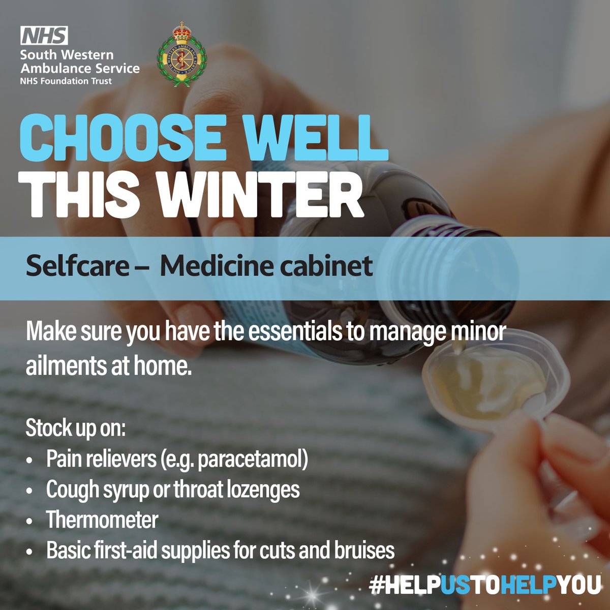 Is your winter first-aid kit topped up? 

Make sure you're equipped at home with everything you may need to manage minor ailments at home. 

Stock up on:  

💊Pain relievers (e.g. paracetamol)  

🍬Cough syrup or throat lozenges

🩹Basic first-aid supplies for cuts and bruises