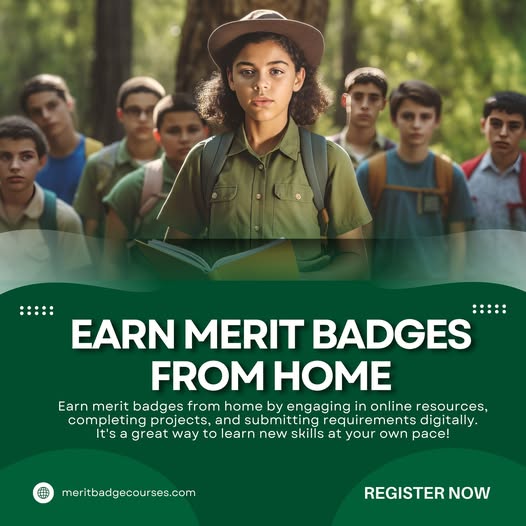 Level up your knowledge, virtually! Earn merit badges from home with engaging online resources. 📷