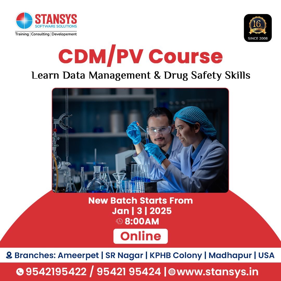 Stansys_SAS's tweet image. Master Clinical Data Management (CDM) and Pharmacovigilance (PV) with expert-led training at Stansys! 

Join Us Now : 95421 95422 / 95421 95424.

Visit : stansys.in

#cdmtraining #pvtraining #clinicaldata #pharmacovigilance #healthcarecareers #datamanagement
