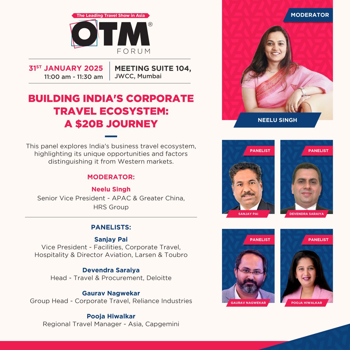 OTMmumbai's tweet photo. Join us on 31st January 2025 for an exclusive and dynamic panel discussion: "Building India's #CorporateTravel Ecosystem: A $20B Journey."

#OTMIndia #OTM #OTM2025 #OTMForum #OTMForum2025 #B2B #PanelDiscussion #TravelIndustryInsight #TravelPanel #Globalconnections #FutureTravel https://t.co/41tnGkzfS3
