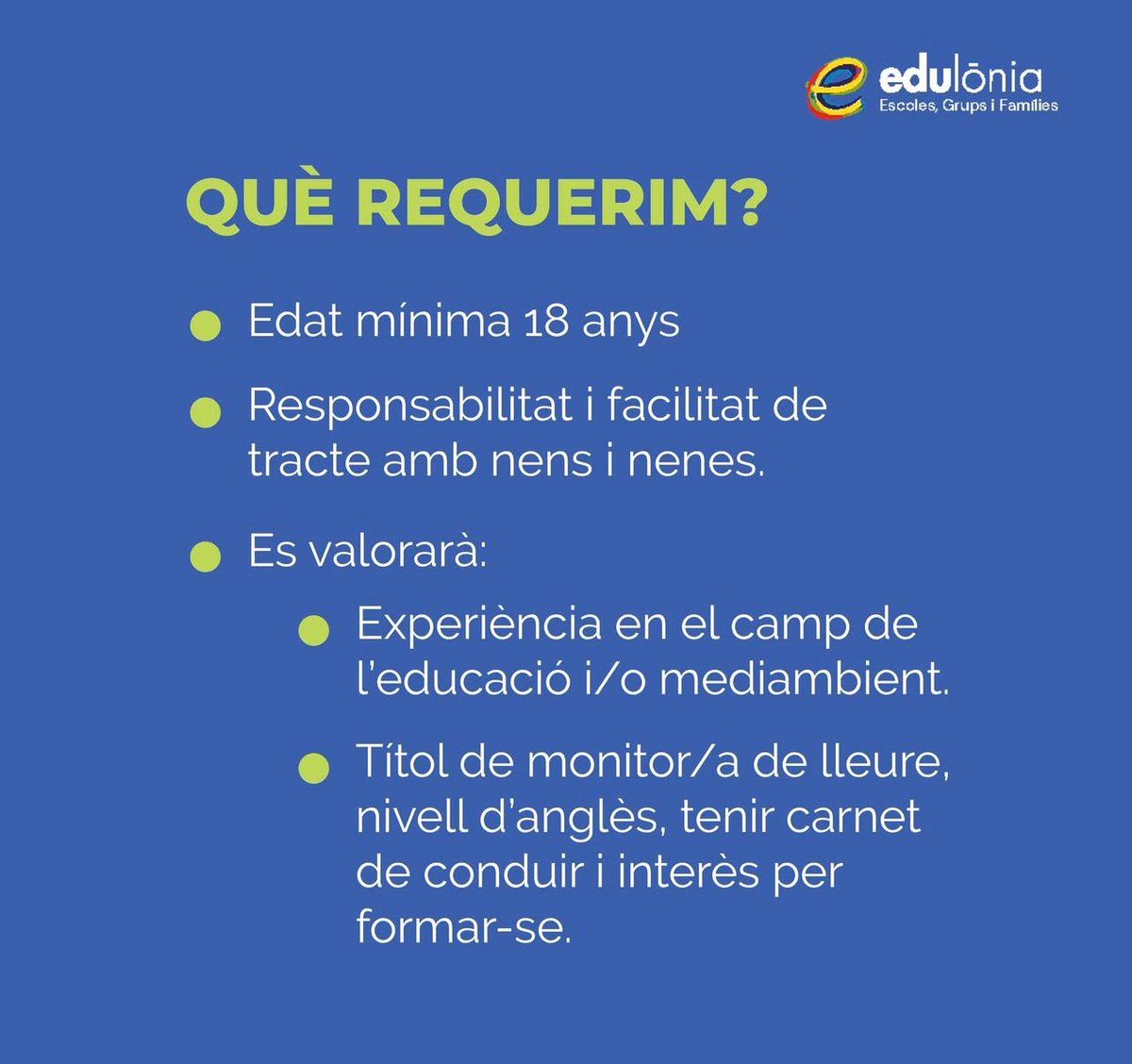 Edulonia's tweet image. 📢 Uneix-te a la família d’Edulònia! Busquem monitors/es per a la temporada 2025! 🌟 T'esperen aventures úniques!
🔗 Treballa amb nosaltres: edulonia.com 
📞 Dubtes? Contacta’ns: 677 15 30 45 o rrhh@englishsummer.com
#Feina #Monitors #Lleure #Educació #Colònies