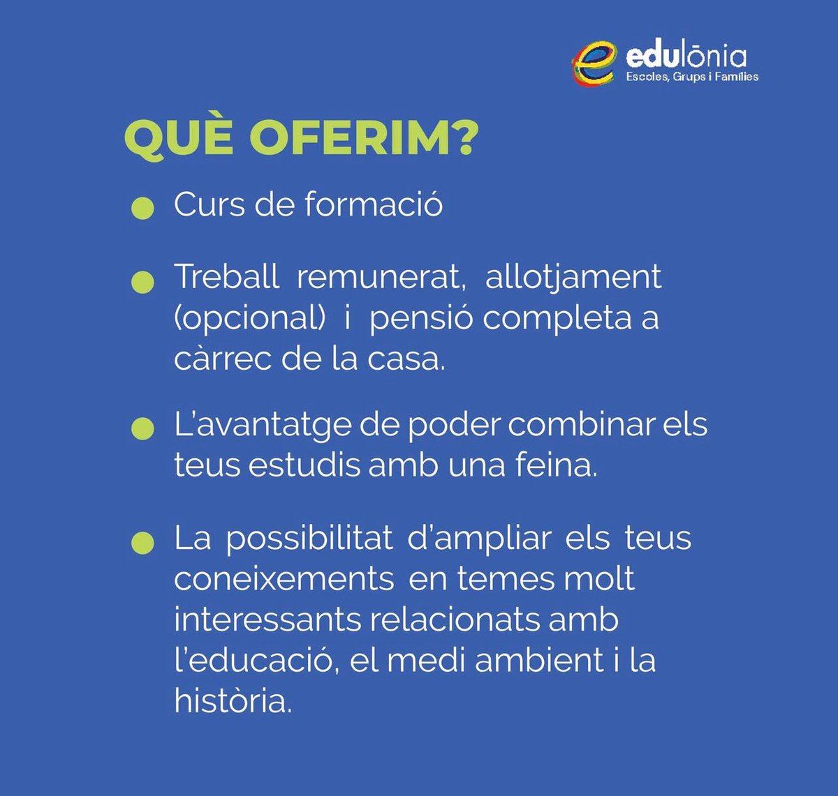 Edulonia's tweet image. 📢 Uneix-te a la família d’Edulònia! Busquem monitors/es per a la temporada 2025! 🌟 T'esperen aventures úniques!
🔗 Treballa amb nosaltres: edulonia.com 
📞 Dubtes? Contacta’ns: 677 15 30 45 o rrhh@englishsummer.com
#Feina #Monitors #Lleure #Educació #Colònies