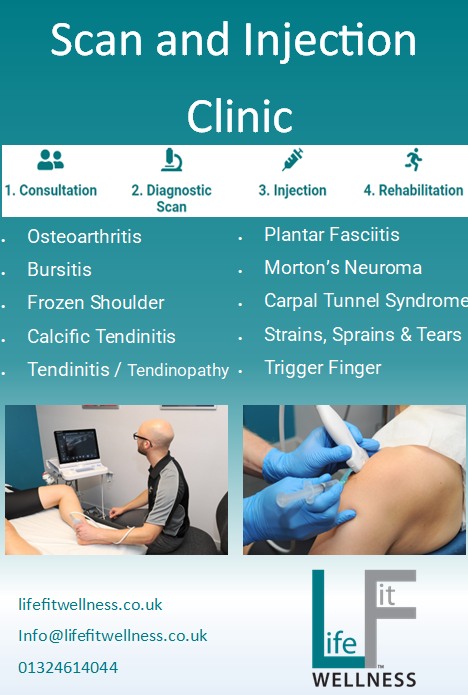 SCAN AND INJECTION CLINIC

In our Scan and Injection Clinic run by Stewart Kerr, you can have an extensive consultation, ultrasound scan and injection all in the 1 hour appointment. 

Visit our website: lifefitwellness.co.uk/healthcare/ult…

Book online or via Reception: 01324 614 044