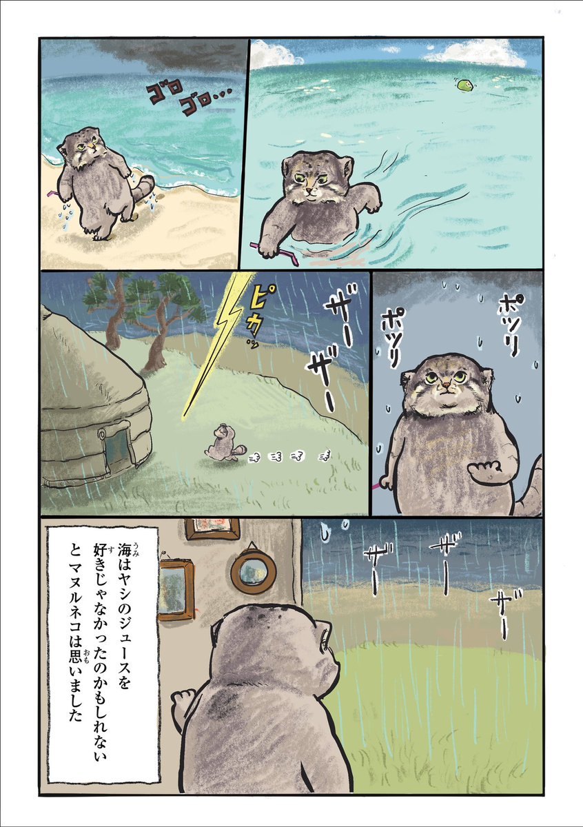 「ひなた村の3匹」の漫画の中でも特にいいねをたくさんいただいた「マヌルネコと海」は、私自身とても気に入っているお話です。
再掲いたしますので、ぜひご覧いただけますと幸いです✨🙇‍♀️ 