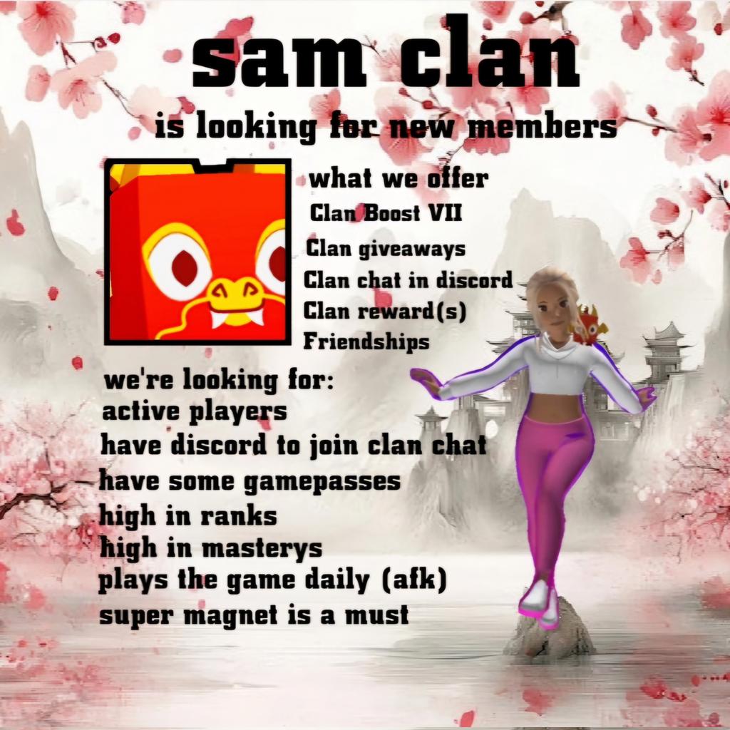 CarolienSchutte's tweet photo. The Sam clan is looking for new clan members (we are top 42🥉)
What do we offer:
👩🏻🤝👩🏽new friends
💻Fun together
🥳Giveaways
📽Movie nights
🕹Other games
👀So take a look!
https://t.co/Qms45iayuD…
#samclan #ps99 #ps99clan #clanbattle #petsimulator99clan #ps99clanbattle https://t.co/5dkxrxA63J
